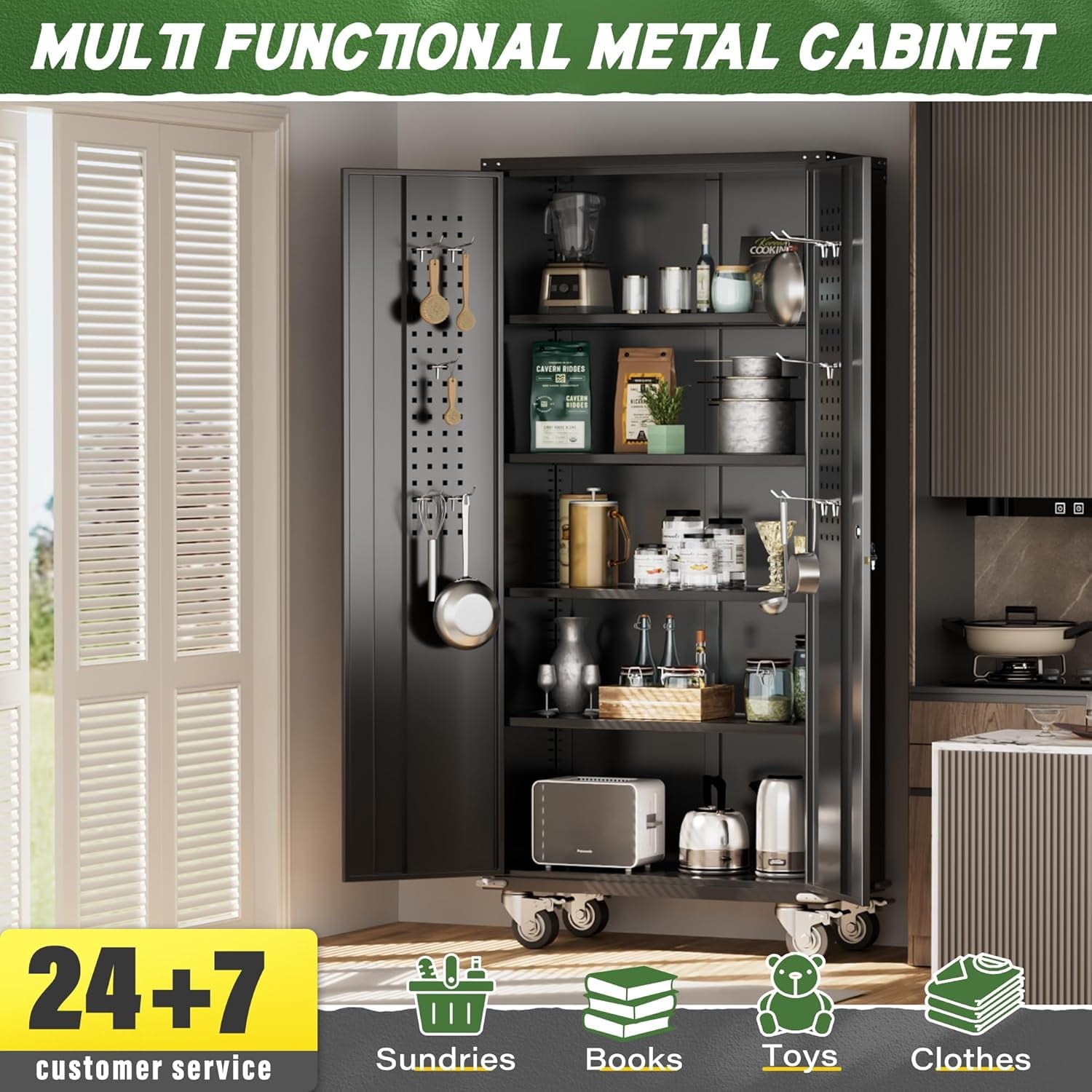 SUNCROWN Metal Storage Cabinet with Wheels,72” Black Garage Storage Cabinet with Pegboards and Wheels, Rolling Tool Cabinet with Locking Doors and Shelves for Home,Basement, Kitchen Pantry,Warehouse