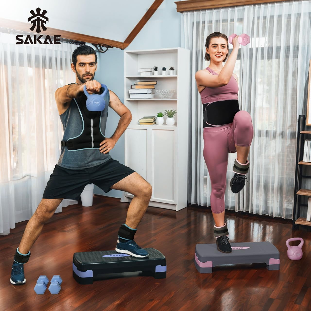 Adjustable Height Aerobic Stepper Set, Multiple Bundle Options with Dumbbells, Kettlebell, Waist Trimmer, Ankle Weights or Weighted Vest, Workout Exercise Step Platform w/Level Risers, 4 Colors