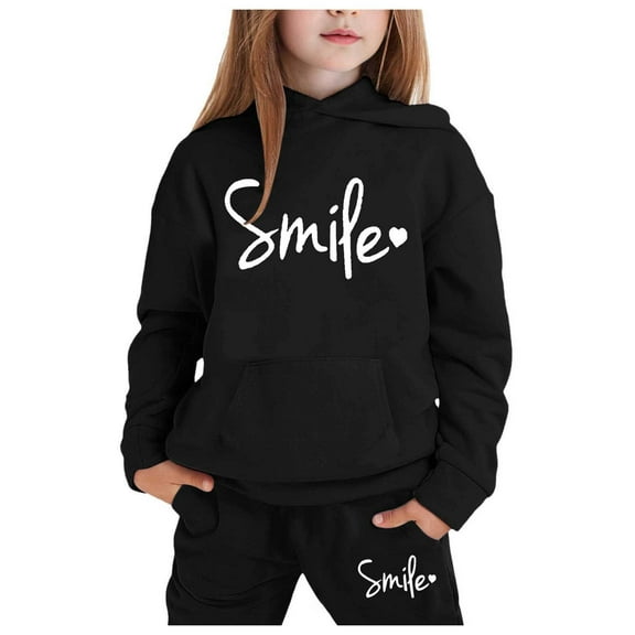 Hienoo Toddler Girls Hoodie Set Smile Print Hooded Sweatshirt Sweatpants Outfits Sweatsuit