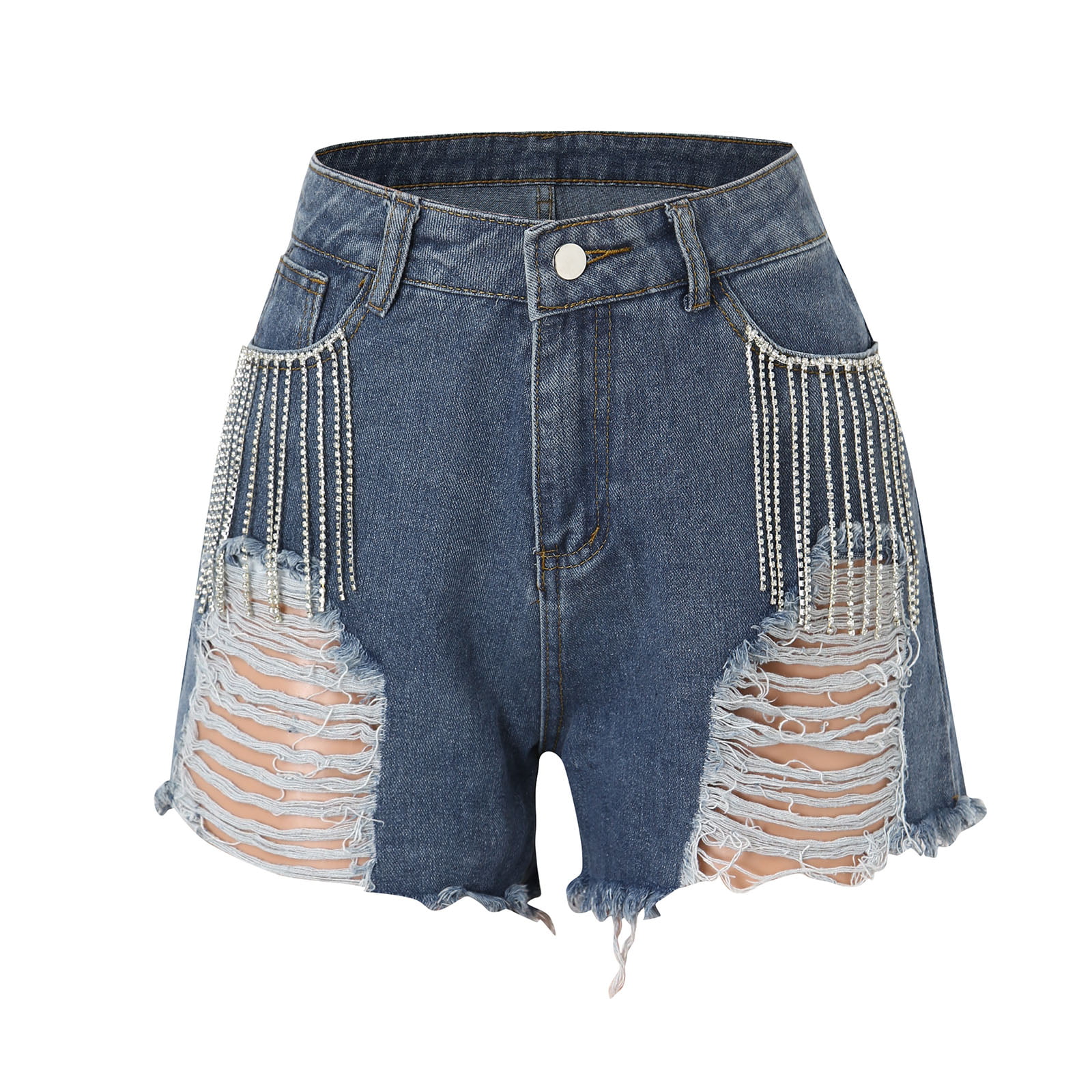 Cyparel Women's Rhinestone Denim Shorts Mid Waist Ripped Frayed Raw Hem Tessles Stretchy Jean Shorts with Pockets