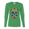 thumbnail image 2 of Wild Bobby, Colorful Floral Sugar Skull Streetwear Womens Graphic Long Sleeve T-Shirt, Kelly, Large, 2 of 3