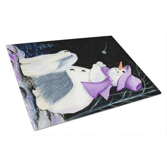 Caroline's Treasures Snowman with Bearded Collie Glass Cutting Board Large