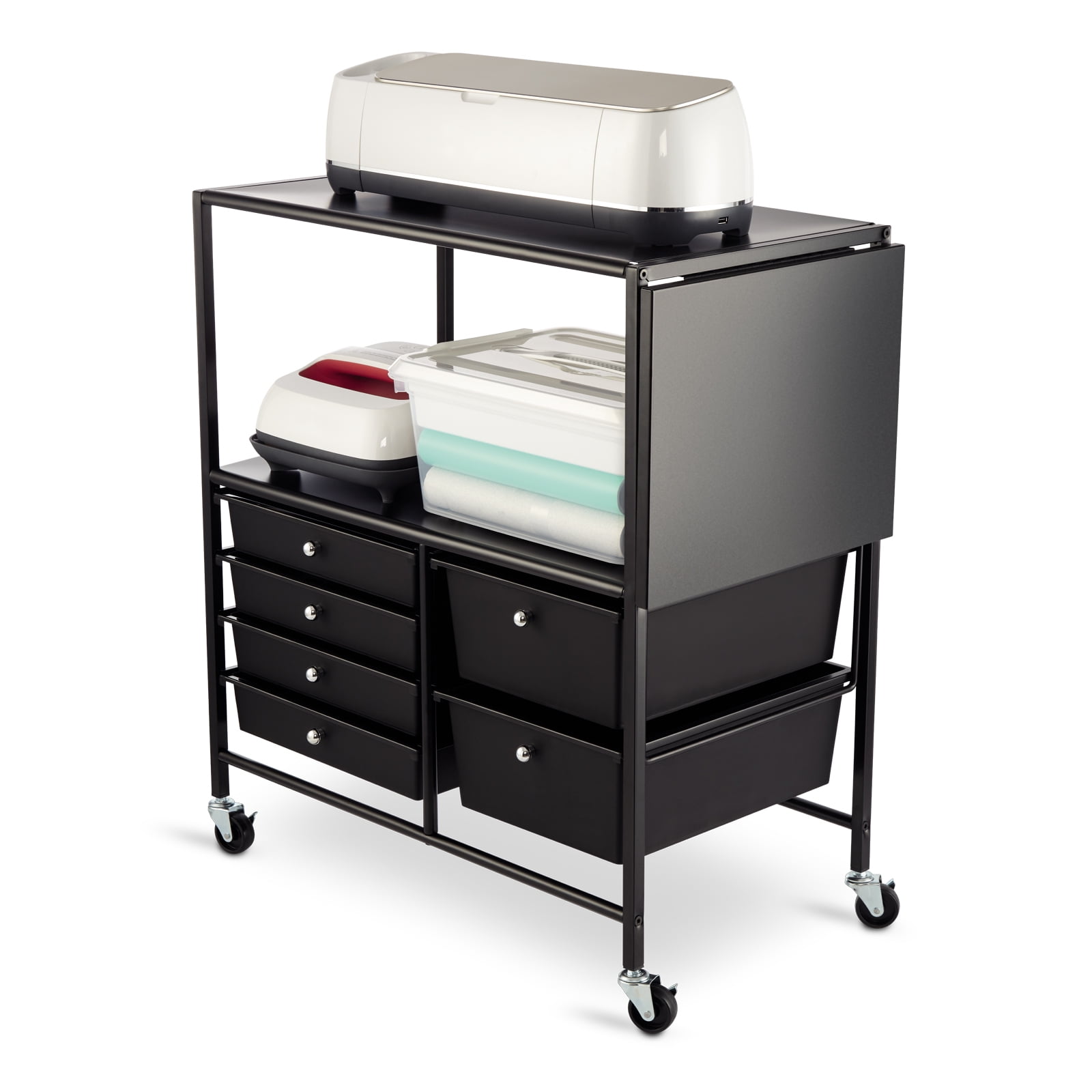 Essex Black Drawers & Rolling Cart with Tray and Extendable Table by Simply Tidy - Multi-Functional Storage Cart for Art & Craft Supplies - 1 Pack