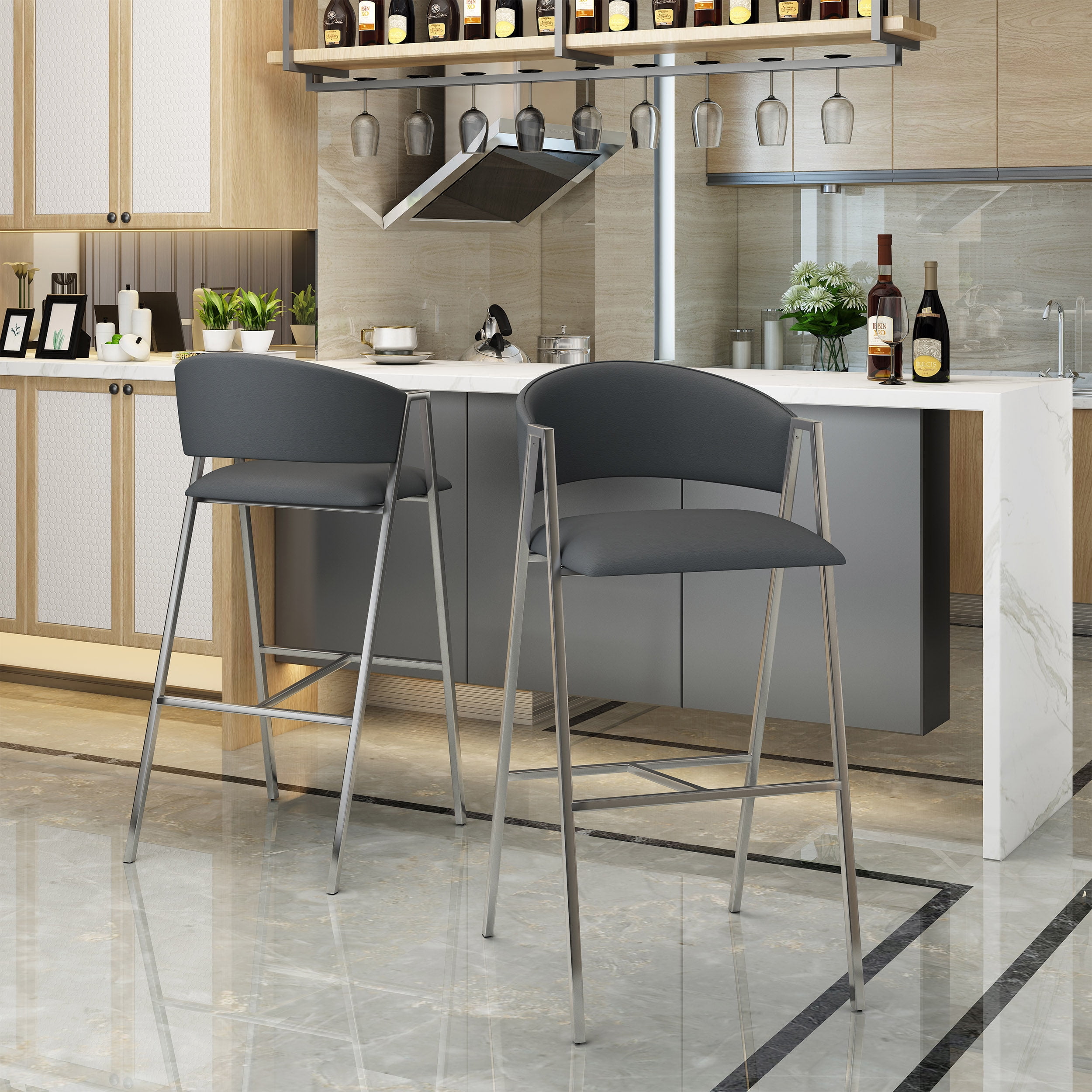 Bar Stools, Modern Barstools Set of 2, PU Leather Upholstered Seat and Backrest with Chrome A-Frame, Counter Height Stools for Dining Room, Kitchen, or Home Bar in Grey