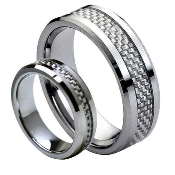 For Him & Her's 8mm/6mm Tungsten Carbide Silver Carbon Fiber Inlay Wedding Band Ring Set
