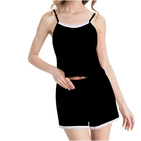 

Fanxing Womens 2 Piece Pajama Sets Spaghetti Strap Sleeveless Camis Tops Comfortable Drawstring Short Pants Loungewear Sets