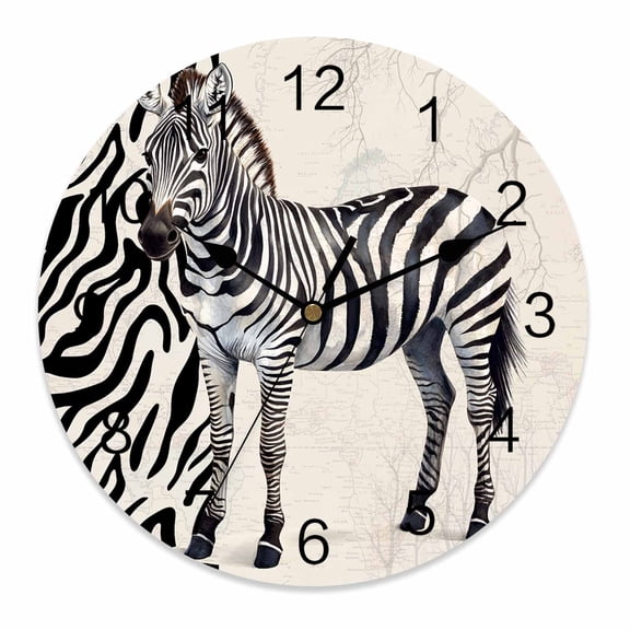Silent Wall Clocks Battery Operated, Vintage Watercolor Round Decorative Wall Clock for Living Room Bedroom Kitchen Bathroom Classroom Decor, 14 Inch Zebra Pattern Texture Black White
