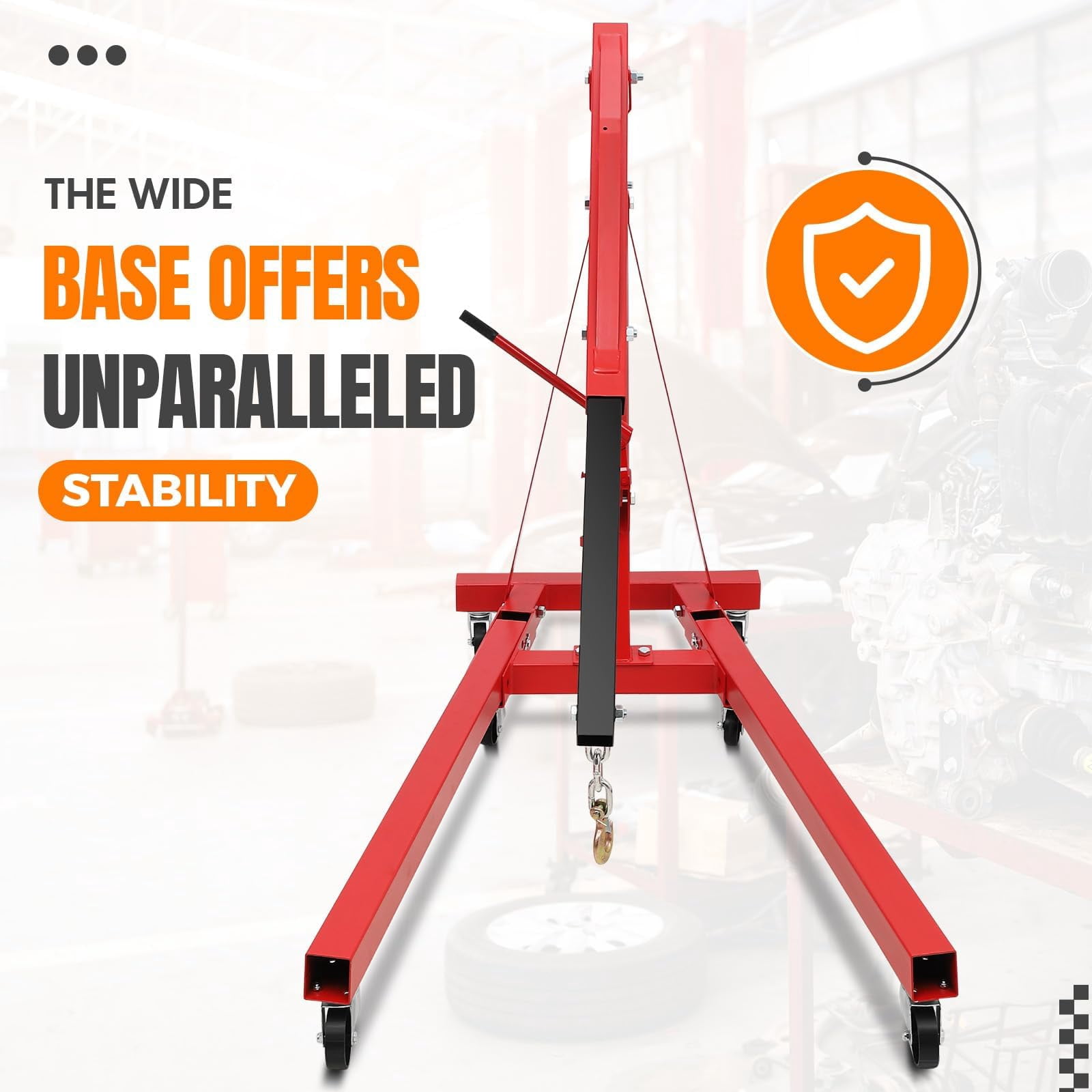 2 Ton Folding Hydraulic Engine Hoist - 4400 lbs Heavy Duty Cherry Picker Shop Crane - Telescopic Boom - 6 Swivel Casters - Adjustable Lift - Red - Without Lifting Gear, Fixed with U-Shaped Iron Piece