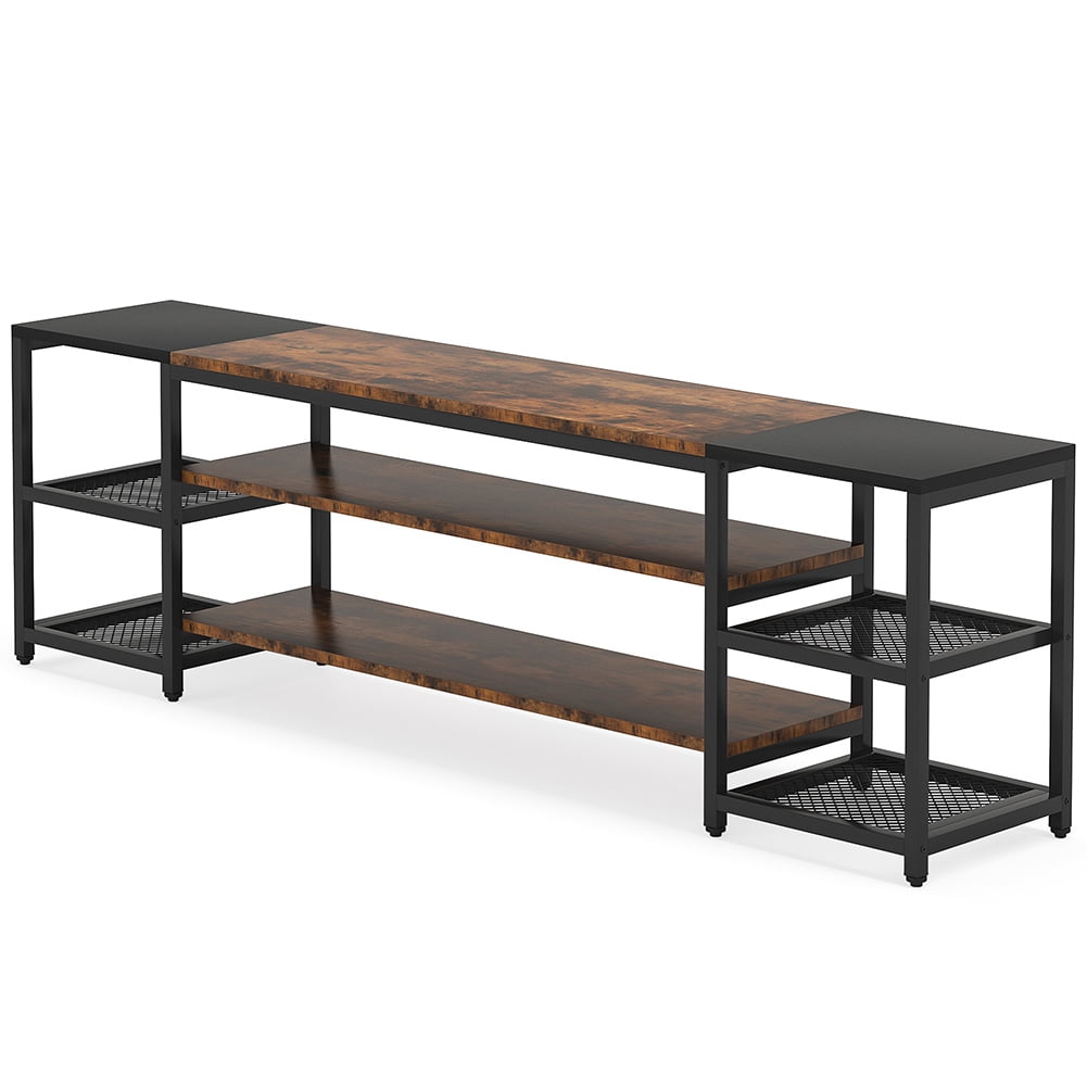 Spaco 78.7" TV Stand, 3-Tier Media Entertainment Center for TV up to 85", A 3-Tier Center Shelf and 2 Side Mesh Shelves, Rustic & Black