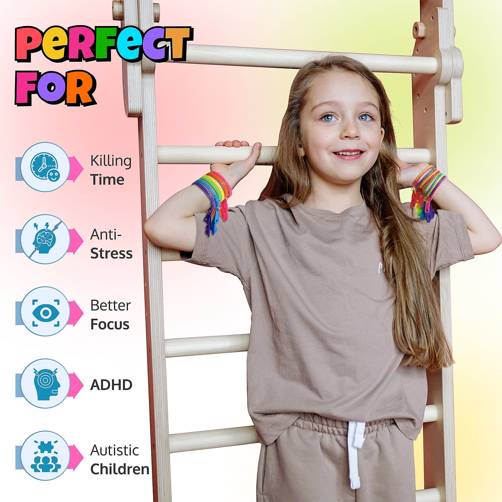 UpBrands 48 Upgraded Pop-It Zipper Bracelets For Kids, ADHD Fidget Toys, Fidgets For Kids, Anxiety Relief Fidget Toys, Kit For Halloween Trinkets