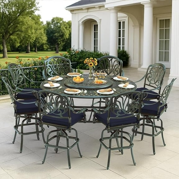 VIVIJASON 10-Piece Outdoor High Patio Dining Set, Free-Rust Cast Aluminum Patio Bar Table and Chairs Set, Includes 8 Swivel Bar Stools & 61" Bar Height Dining Table W/ 31" Lazy Susan, Umbrella Hole