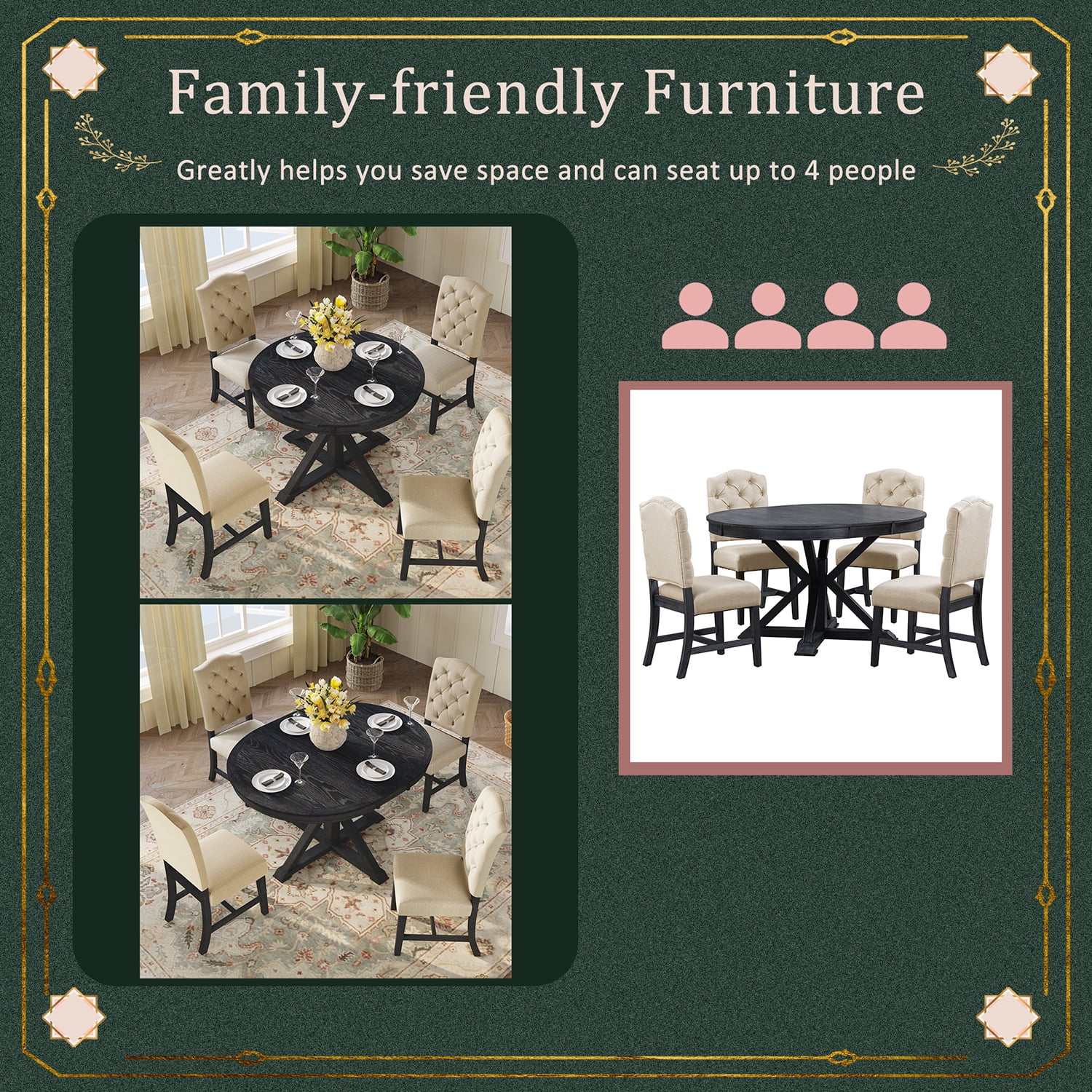 Harper & Bright Designs Extendable Dining Table Set for 4 Upholstered Chairs Functional Retro Style Table for Dining Room Kitchen, Espresso