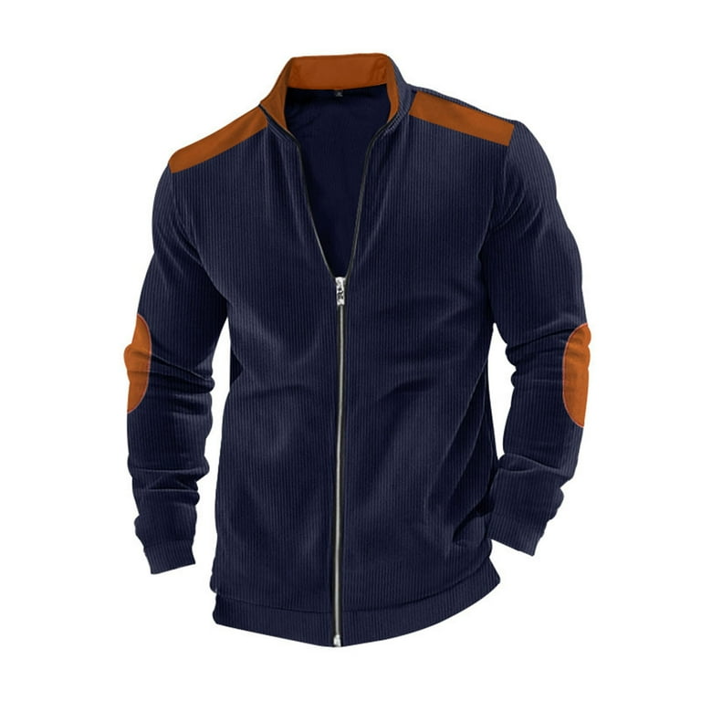 Iugvhana Men's Slim Corduroy Jacket Patchwork Full Zip Stand-Up