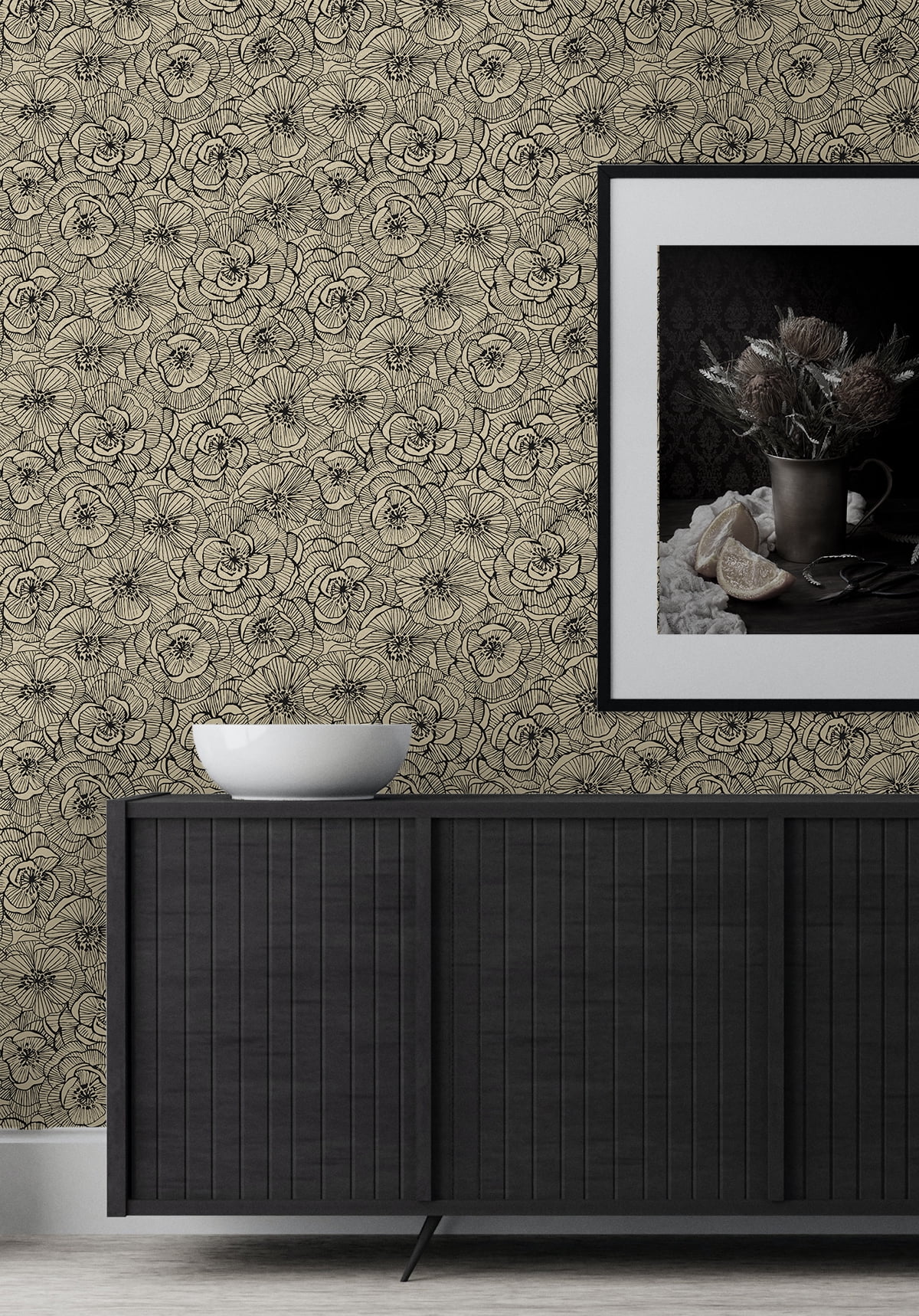 NextWall Gold Shimmer & Ebony Ellie Graphic Floral Peel and Stick Wallpaper