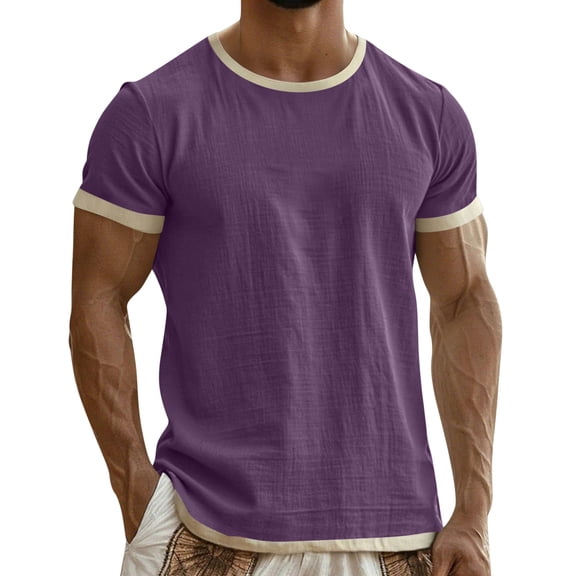 BSDJILFG Linen Shirts for Men Summer Crewneck T-Shirts Lightweight Casual Short Sleeve Soft Comfy Pajama Top