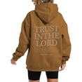 thumbnail image 3 of shqvo Hoodies for Women Drawstring Solid Color Hooded Sweatshirt with TRUST IN THE LORD Print Trendy Long Sleeve Sweatshirt Hoodies with Pockets Plus Size Fashion Clothes, 3 of 5