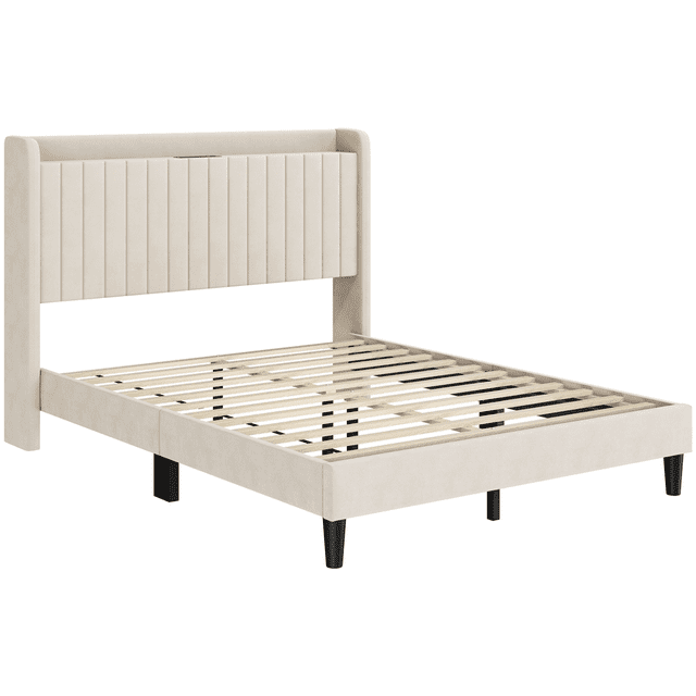 Fullfurnique beige velvet queen bed frame featuring a vertically channeled upholstered headboard, wooden slat support, black tapered legs, and built-in charging outlets with USB ports.