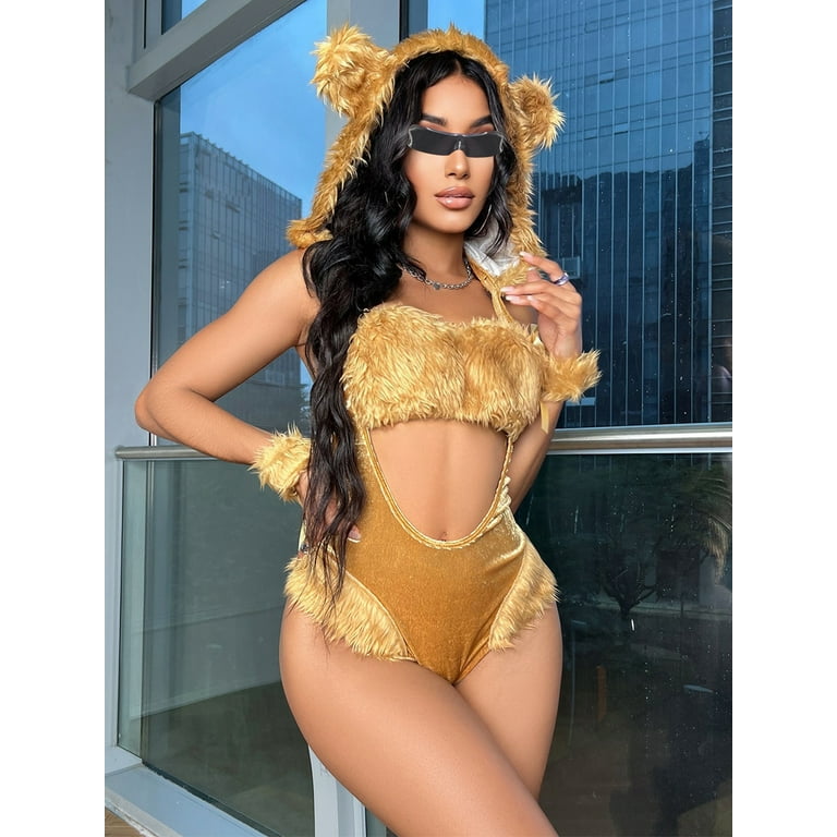 Women Sexy Lingerie Cat Hooded Bodysuit Chest Cutout Long Sleeve One-piece  Bodysuit with Tail