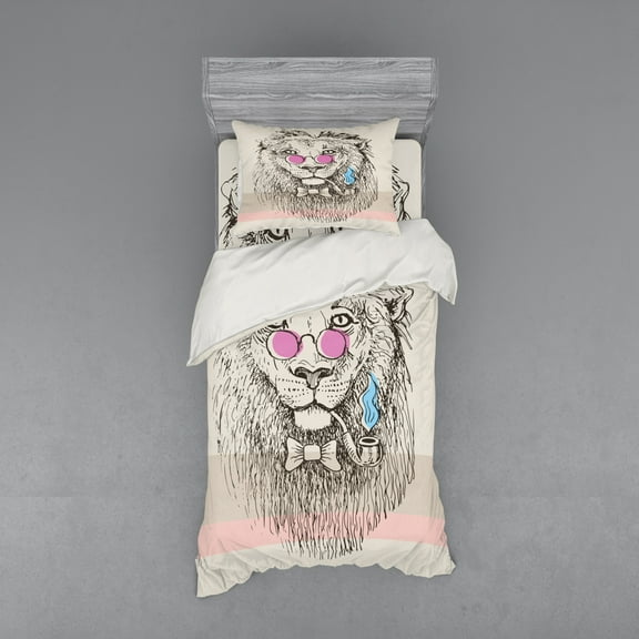 Ambesonne Animal Bedding Set 3 Pcs, Lion Head Hipster Style, Twin XL, Pale Blue Pale Pink