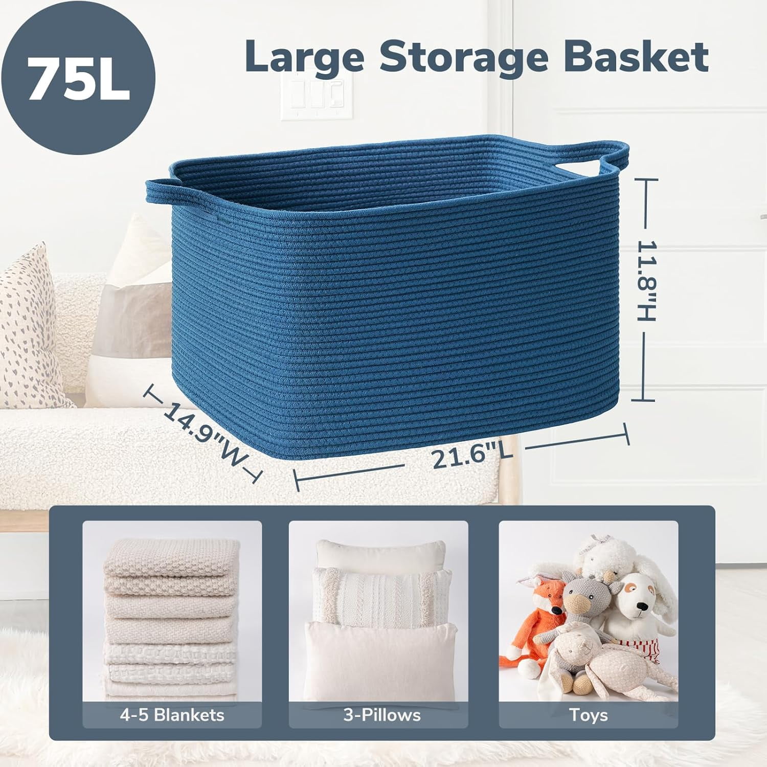PrimeCook Shop Large Blanket Basket, Storage Baskets for Organizing, Rectangle Woven Basket for Clothes, Towels, Toy Baskets Storage Kids, 21.6" x 14.9" x 11.8"