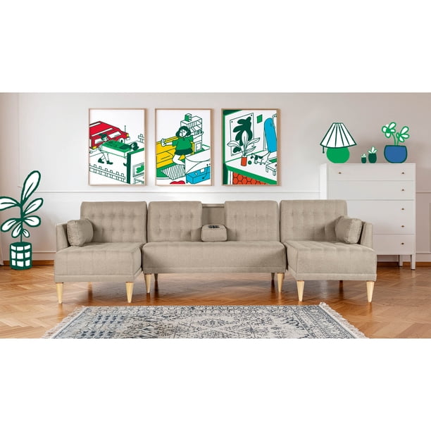Sala Modular Doble Chaise Makora Boyd con Memory Foam y Respaldo Ajustable Lino Arena