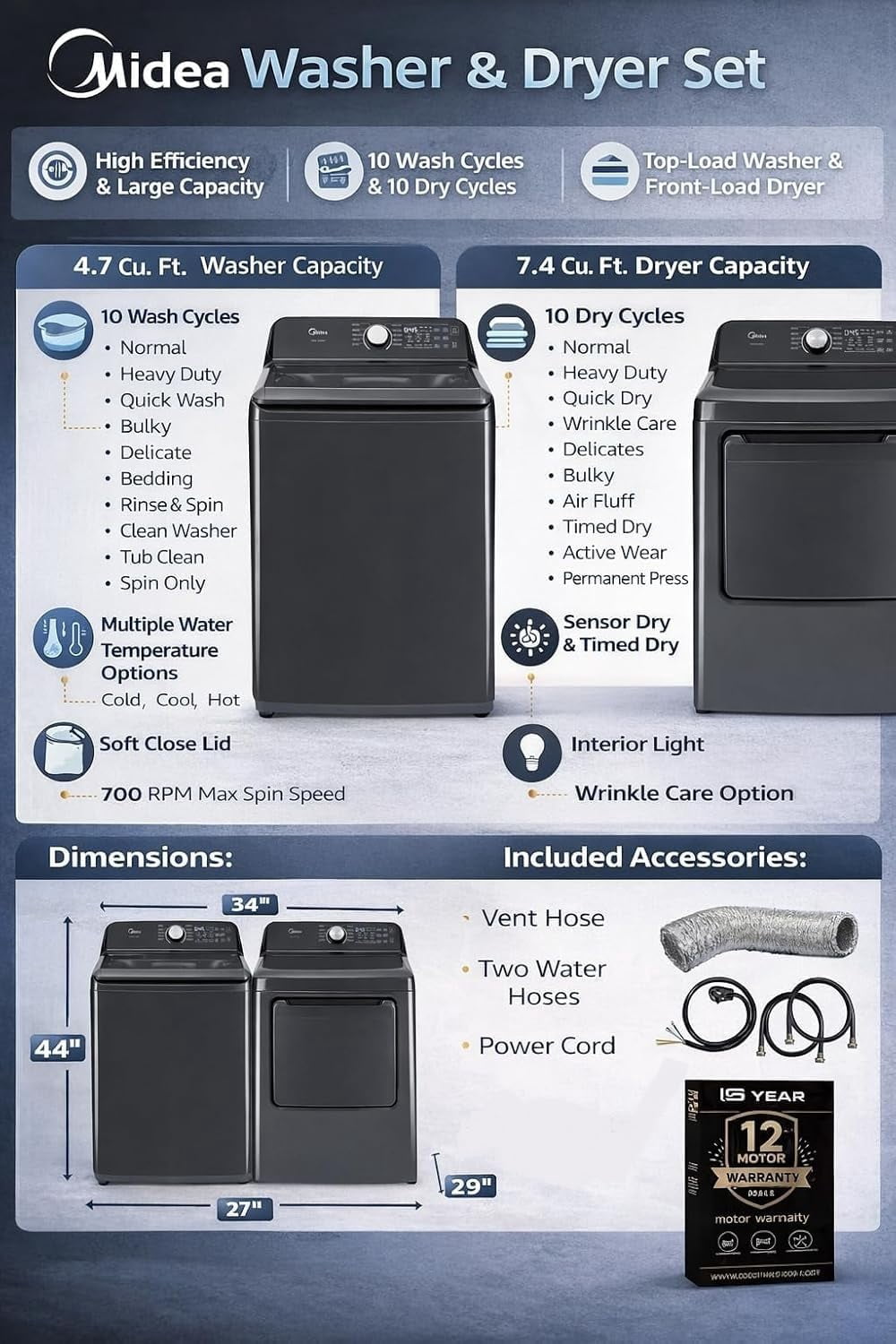 Midea MLTW44A4BGK1 Black Smart Laundry Pair 4.4 Cu Ft Top Load Washer and 7 Cu Ft Electric Dryer Bundle 10 Cycles 4 Te
