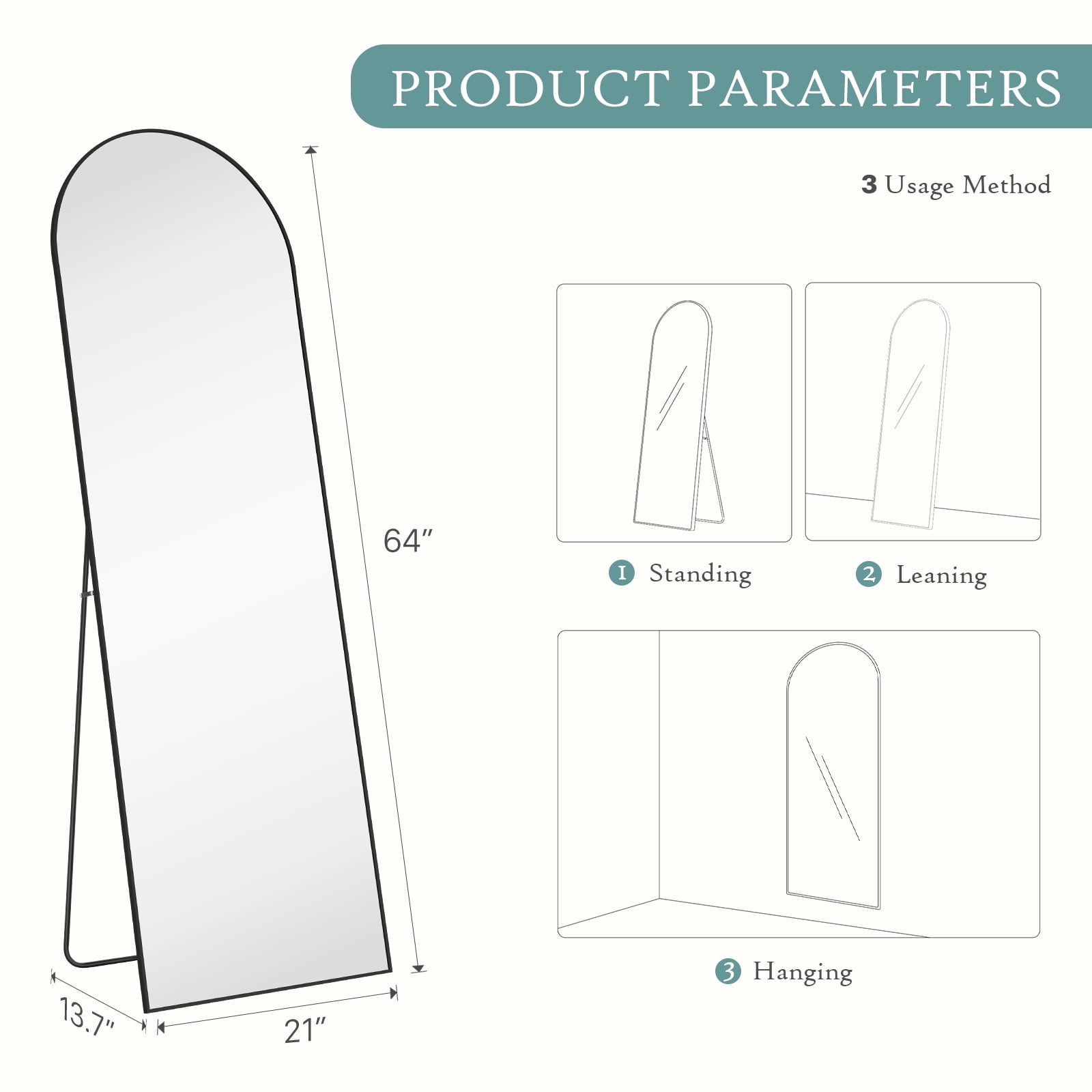 Gianna 64"x21" Arched Full Length Mirror, Aluminum Alloy Frame Ensures Stability, Standing Design for Bedroom, Gold