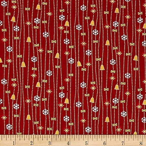 Fabri-Quilt Seasons Greetings Bells Red 100% Cotton Fabric sold by the yard
