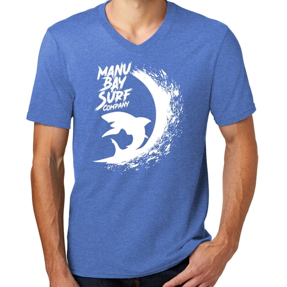 Mens Manu Bay Surf Company WHITE SHARK Surfer T-shirt, Extra-Small Heathered Royal