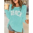 thumbnail image 2 of Women'S Beach Cover Up Letter Print Long Sleeve Sweater Crew Neck Split Hem Crochet Jumper Top Green L, 2 of 4