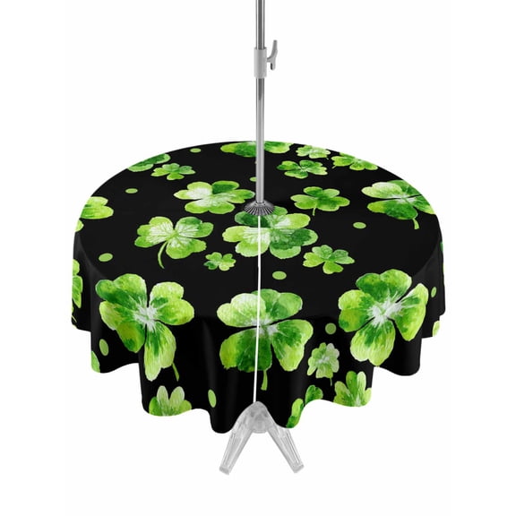 Outdoor Tablecloth with Umbrella Hole and Zipper, St. Patrick's Day Round Table Cloth 54 Inch Waterproof Tablecloth, Watercolor Green Shamrock Polka Dots Black Picnic Table Cover for Patio Camping