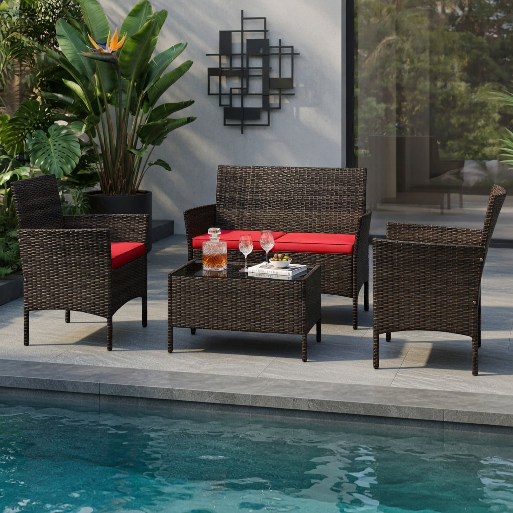 Hommoo 4-Piece Outdoor Rattan Patio Conversation Set with Plush Seat Cushions, Loveseat, 2 Chairs & Tempered Glass Coffee Table, Red