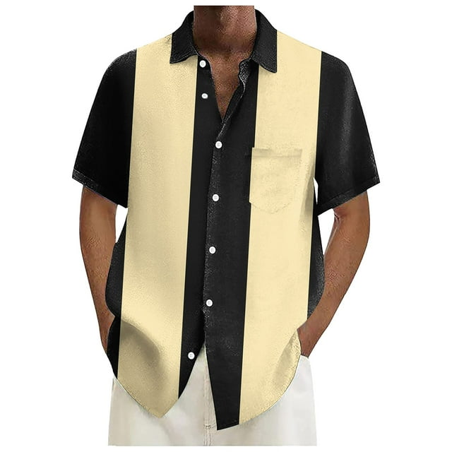 SHIXIAOO Mens Bowling Shirts 1950s Casual Short Sleeve Button Up Contrast Shirt Summer Color Block Cuban Shirts Kimono Work Neck Pack