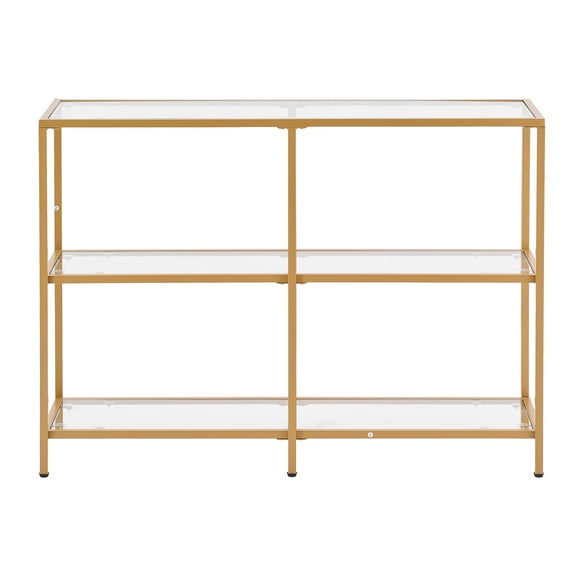KFFKFF 3-Tier Glass Console Table with Tempered Glass Top and Sturdy Iron Frame, Modern Rectangular Side Table with Anti-Tip Design for Living Room, Hallway, Entryway, Foyer, Gold Finish