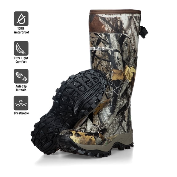 GIEESHIELD Rubber Boots for Men & Women – Ultra-Light Waterproof 6mm Neoprene Insulated Boots with Anti-Slip Sole, Warm Hunting & Rain Boots for Farming, Snow, Mud(Black, Next Camo G2)