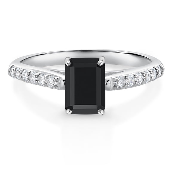 Gem Stone King 1.15 Ct Octagon Black Onyx G/H Lab Grown Diamond 10K White Gold Engagement Ring (Size 8)