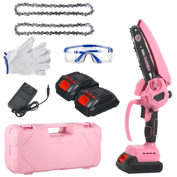 KingFurt 6-inch mini chainsaw set, with Oiler System 2pcs 21V batteries, Cute pink cordless electric chainsaw for women.