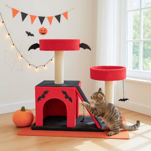 26" Gothic Cat Tree, Cat Tower with Spacious Cat Condo, 2 Padded Perches, Spider Toy, Scratching Posts, Scratching Ladder for Large Cats, Red & Black