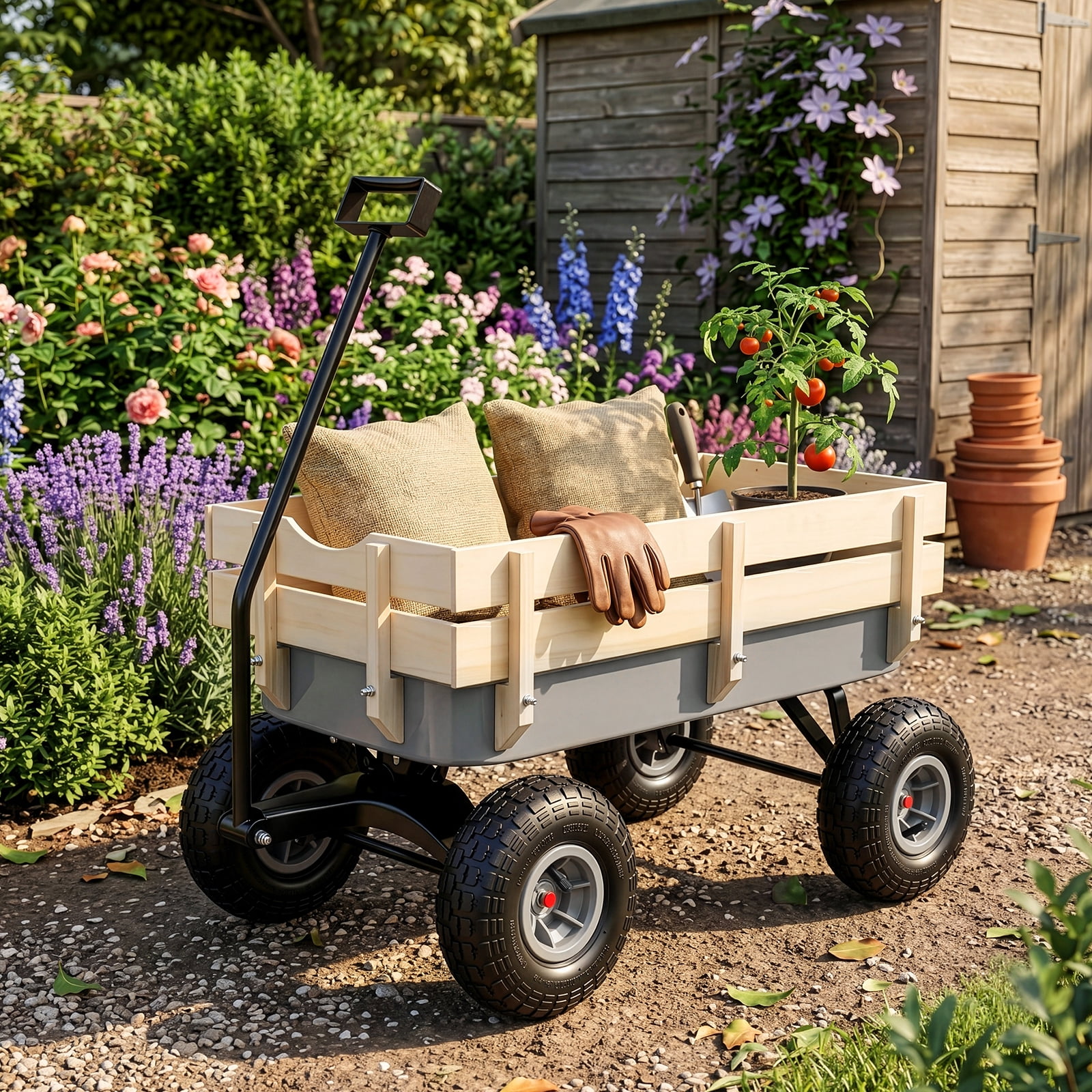 Side Support Cargo Wagon with 10" All-Terrain Air Tires, Up to 220lb Load Capacity, for Towing Kids Toys, Gardening Supplies, Gray