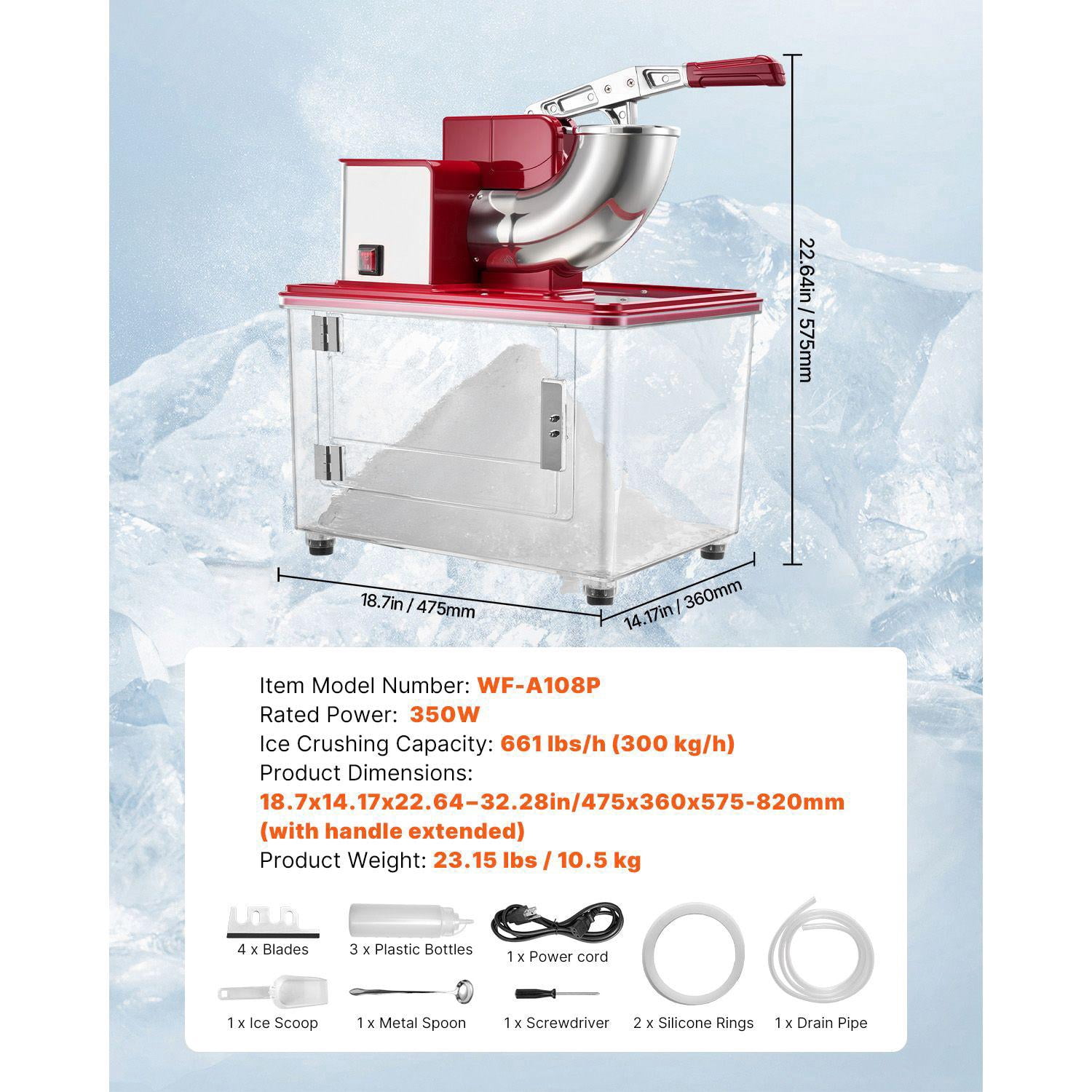 Commercial Ice Crusher 661 lbs per Hour 350W Electric Snow Cone Machine 4 Blades 2000 RPM Stainless Steel Ice Shaver with 11 Gallon Crushing Refrigerator for Home Restaurant Bar Red