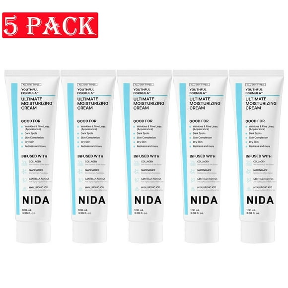 NIDA Formule Jeune Crème Hydratante Coréenne 100 ml - Hydratation Ultime pour Tous les Types de Peau, Crème pour le Visage Anti-âge par NIDA, Organisateurs de Maquillage - Lot de 5