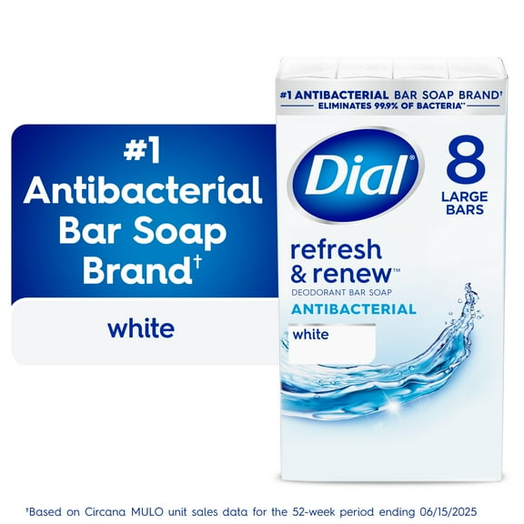 Dial Antibacterial Bar Soap, Refresh & Renew White Deodorant Bar, 4 oz (8 Bars)