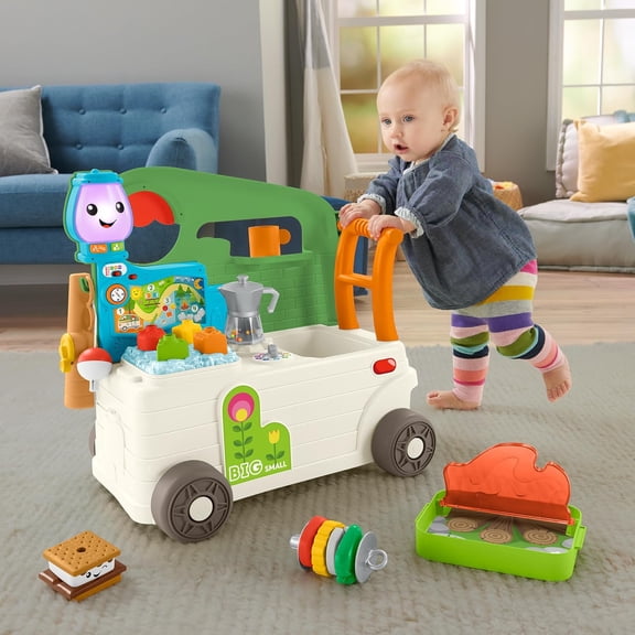 Baby to Toddler Toy Laugh & Learn 3-in-1 On-the-Go Camper Walker & Activity Center with Smart Stages for Ages 9 Months, Tan/Green