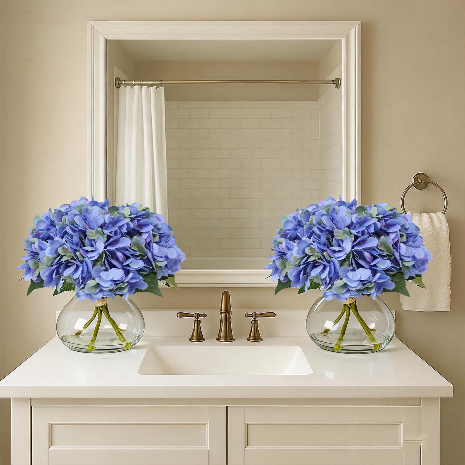 1PC Hydrangea Artificial Flowers-Hydrangea Artificial Flower Arrangement in Clear Glass Vase, Faux Hydrangea Bouquet with Realistic Water – Table Centerpiece for Home Decor,Blue