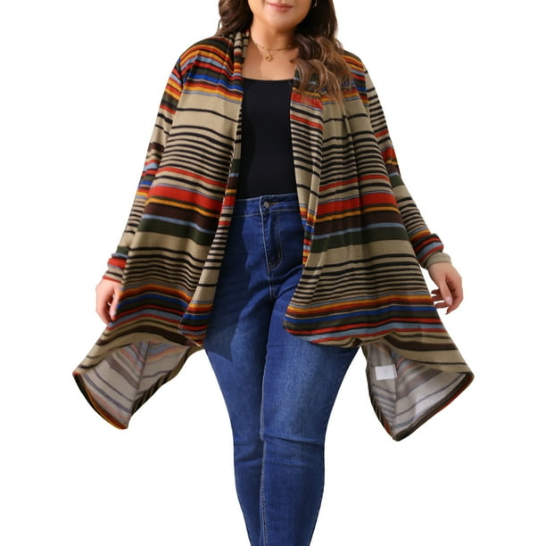 Suéteres de cárdigan de mujer de tallas grandes Agnes Orinda, livianos, de manga larga, con frente abierto, cárdigans de rayas 2X beige