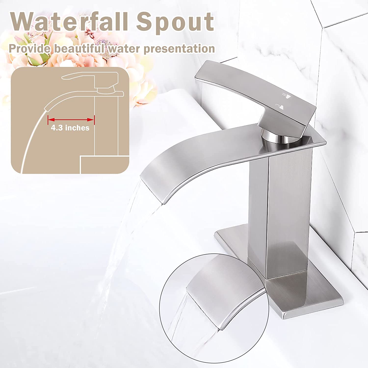 Kede Brushed Nickel Waterfall Bathroom Faucet with Pop-up Drain photo 5