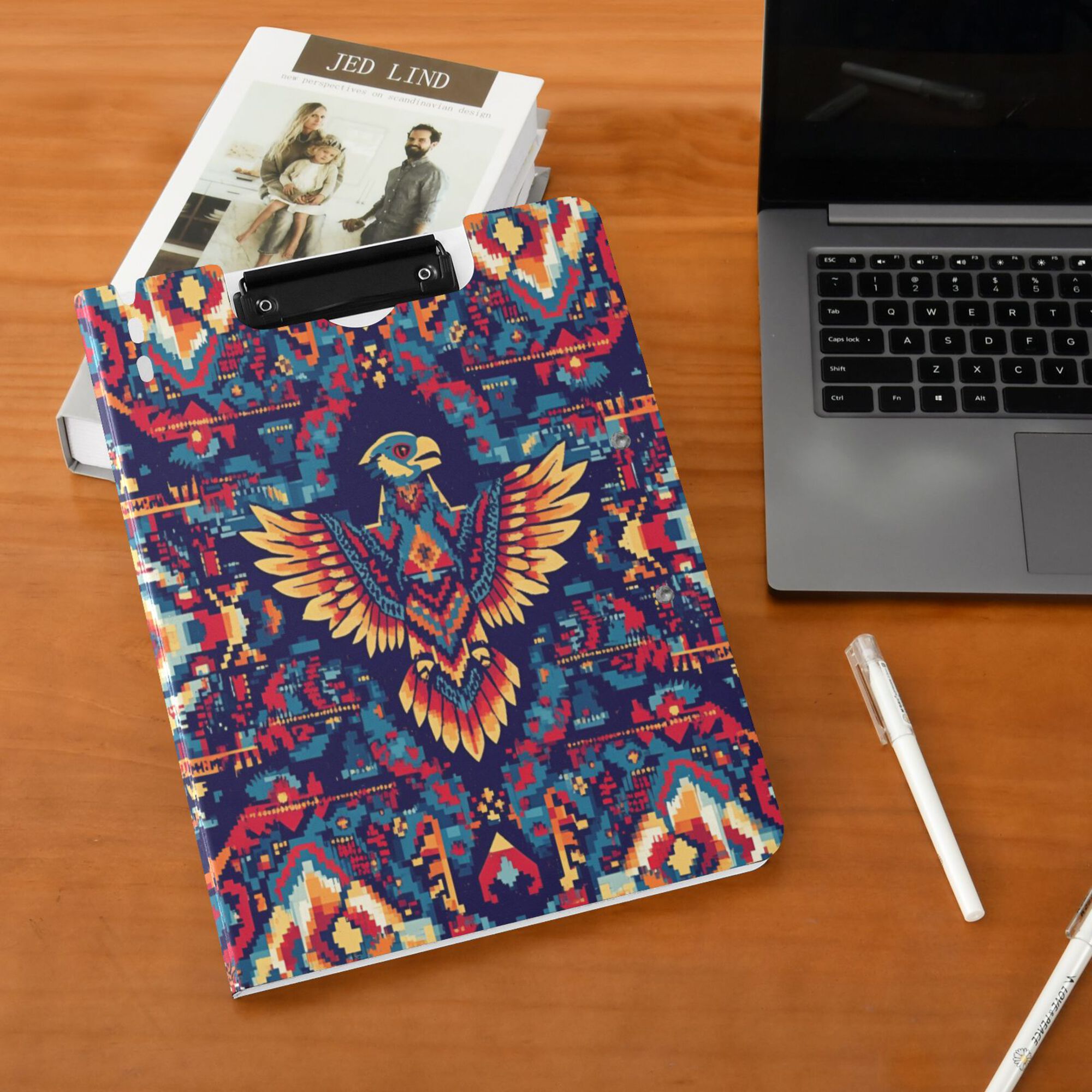 FORMRS A4 Clipboard Folder with Pen Holder Horizontal Foldable School Office Binder, Geometric Eagle