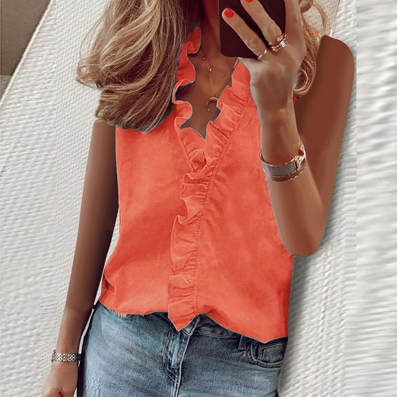 Blmnix Casual Tops for Women Trendy Orange Sleeveless V Neck Pleated Ruffle Loose Solid Tank Tops Vest 2024