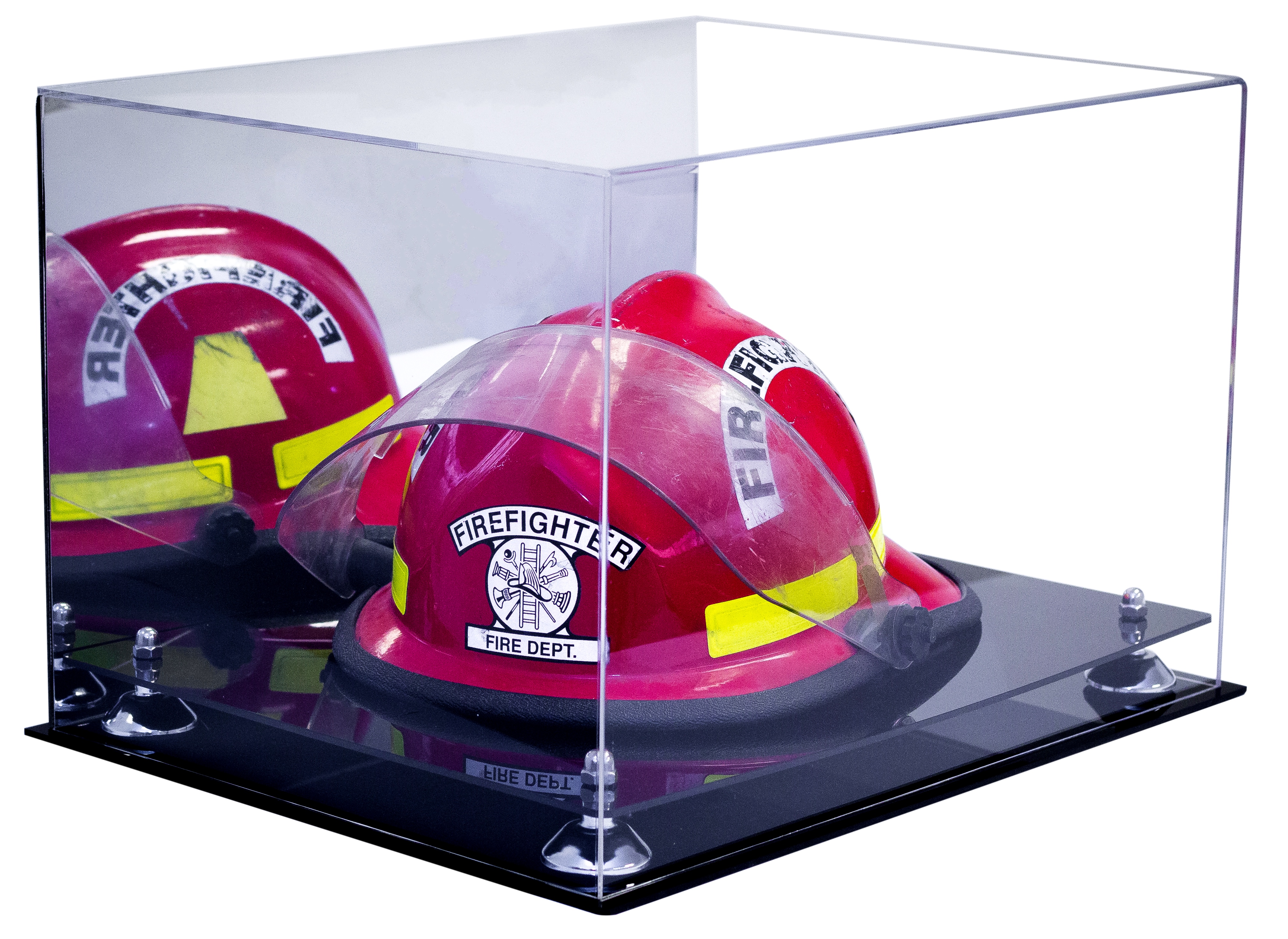 Deluxe Acrylic Fireman's Helmet Large Display Case with Silver Risers and Mirror (A014SR