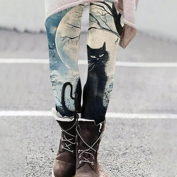 Oksale Cute Cat Graphic Leggings for Women Slim Fit Halloween Pants High Waisted Yoga Leggings Tummy Control Yoga Tights Feitival Athletic Trousers White M